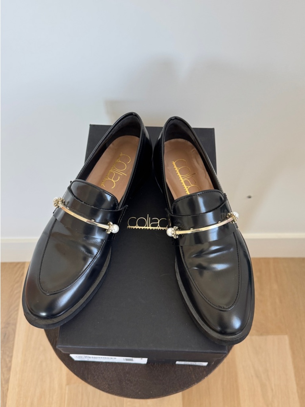Coliac- Black Patent Loafers with Gold Accent - Size 38 /7.5